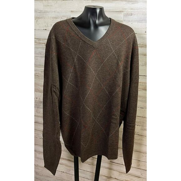 Jos. A. Bank Men's Argyle V-Neck Sweater L Brown 80% Lambs Wool 20% Nylon - Picture 1 of 6